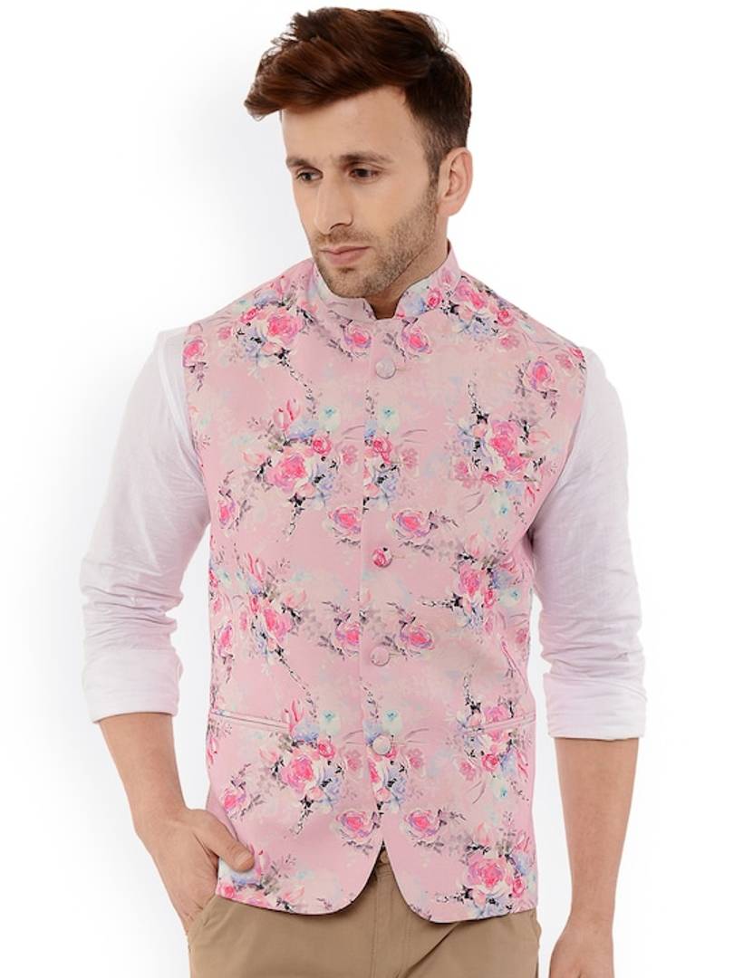 Men's Pink 
Cotton Blend
 Printed Nehru Jackets